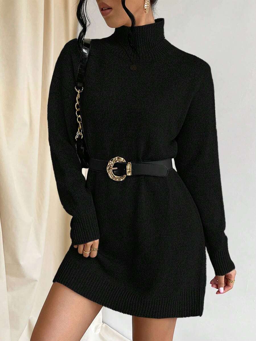 EURMUSE Women's Turtleneck Drop Shoulder Sweater Dress - Black - View 1