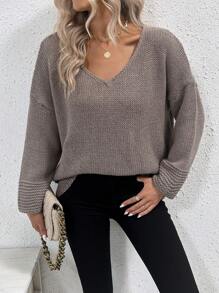 SHEIN Clasi 素色落肩袖V領套頭毛衣 - 摩卡棕 - 查看 4