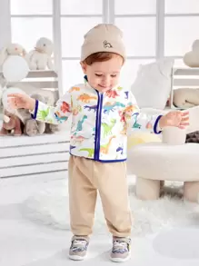 SHEIN 男嬰恐龍印花撞色滾邊夾克 - 彩色 - 查看 1