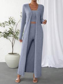 SHEIN Essnce con slogan tejido de canalé Top tank & Leggings & con parte delantera abierta Abrigo - Neblina azul - Ver 4