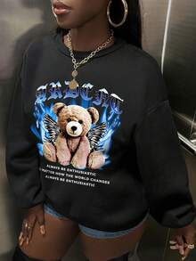 Slaydiva Bear & Slogan Graphic Drop Shoulder Sweatshirt - Black - View 5