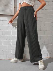 SHEIN EZwear Hơn Chất rắn Quần ống rộng - Màu xám đen - Xem 4