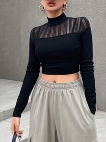 Dazy Star 網紗拼接小高領短款T恤 - 黑色 - 查看 5