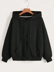 SHEIN EZwear Slogan & Figure Graphic Zip Up Thermal Lined Drawstring Hoodie - Black - View 2