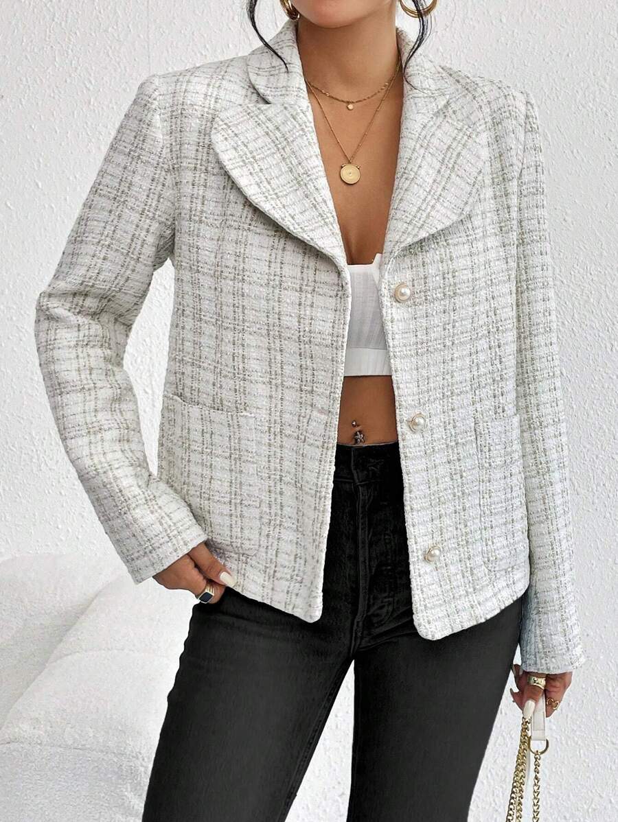 SHEIN Essnce 西裝領粗花呢花呢外套 - 白色 - 查看 1