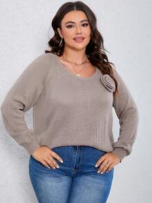 SHEIN LUNE 大碼素色插肩袖套頭毛衣 - 駝色 - 查看 5