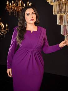 Modelyn 大碼缺口領褶邊緊身洋裝不附腰帶 - 玫紅色 - 查看 6