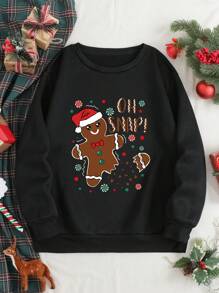 SHEIN EZwear 聖誕圖案加絨內裏運動衫 - 黑色 - 查看 1