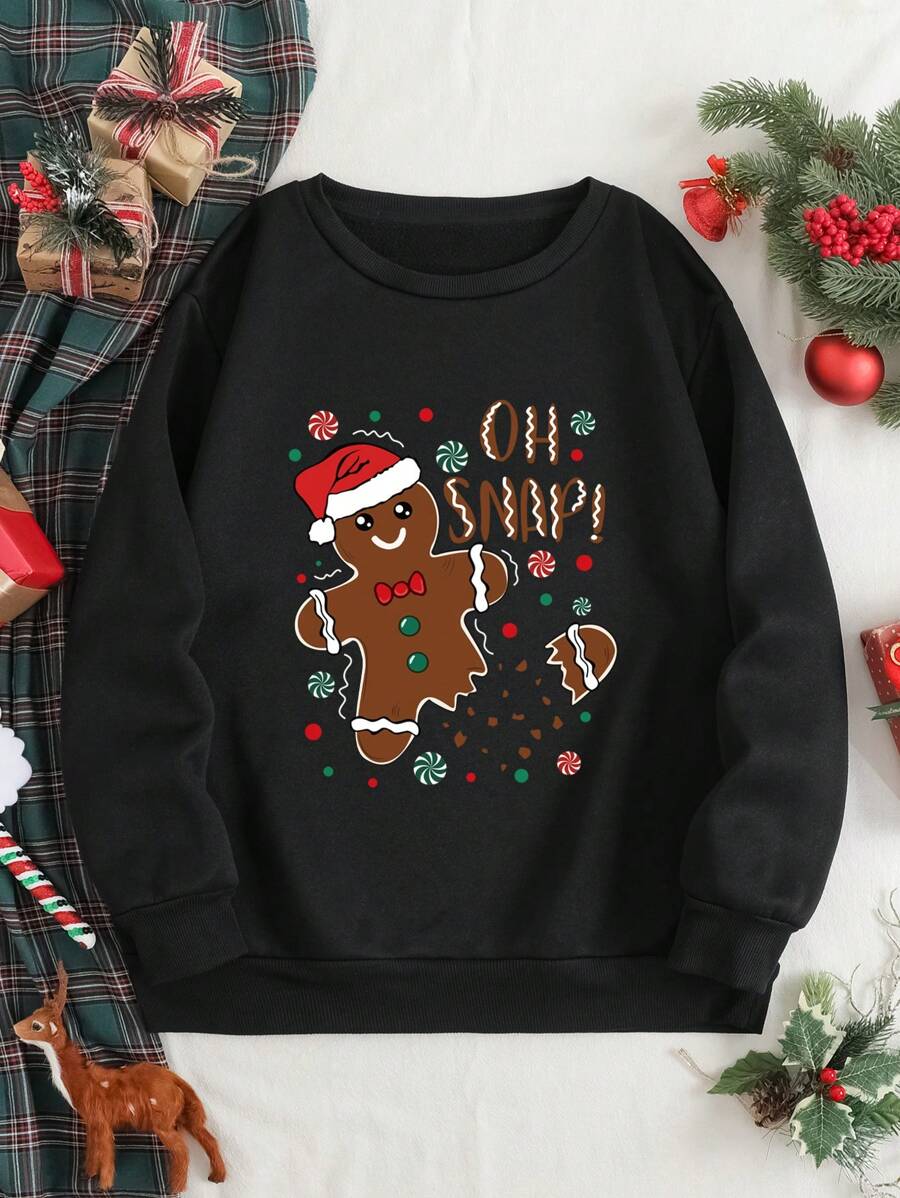 SHEIN EZwear 聖誕圖案加絨內裏運動衫 - 黑色 - 查看 1