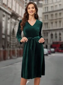 EMERY ROSE Chất rắn Thắt lưng Nhung Đầm - màu xanh lá - Xem 4