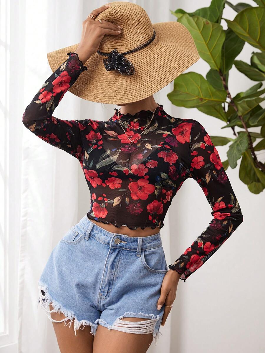 SHEIN VCAY Floral Print Lettuce Trim Mock Neck Mesh Top Without Bra - Black - View 1