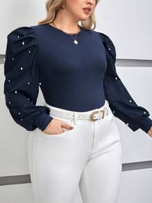 SHEIN Privé Plus Pearls Beaded Lantern Sleeve Top - Royal Blue - View 3