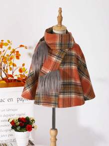 SHEIN 女小童格紋印花毛茸邊花呢外套&圍巾 - 彩色 - 查看 1