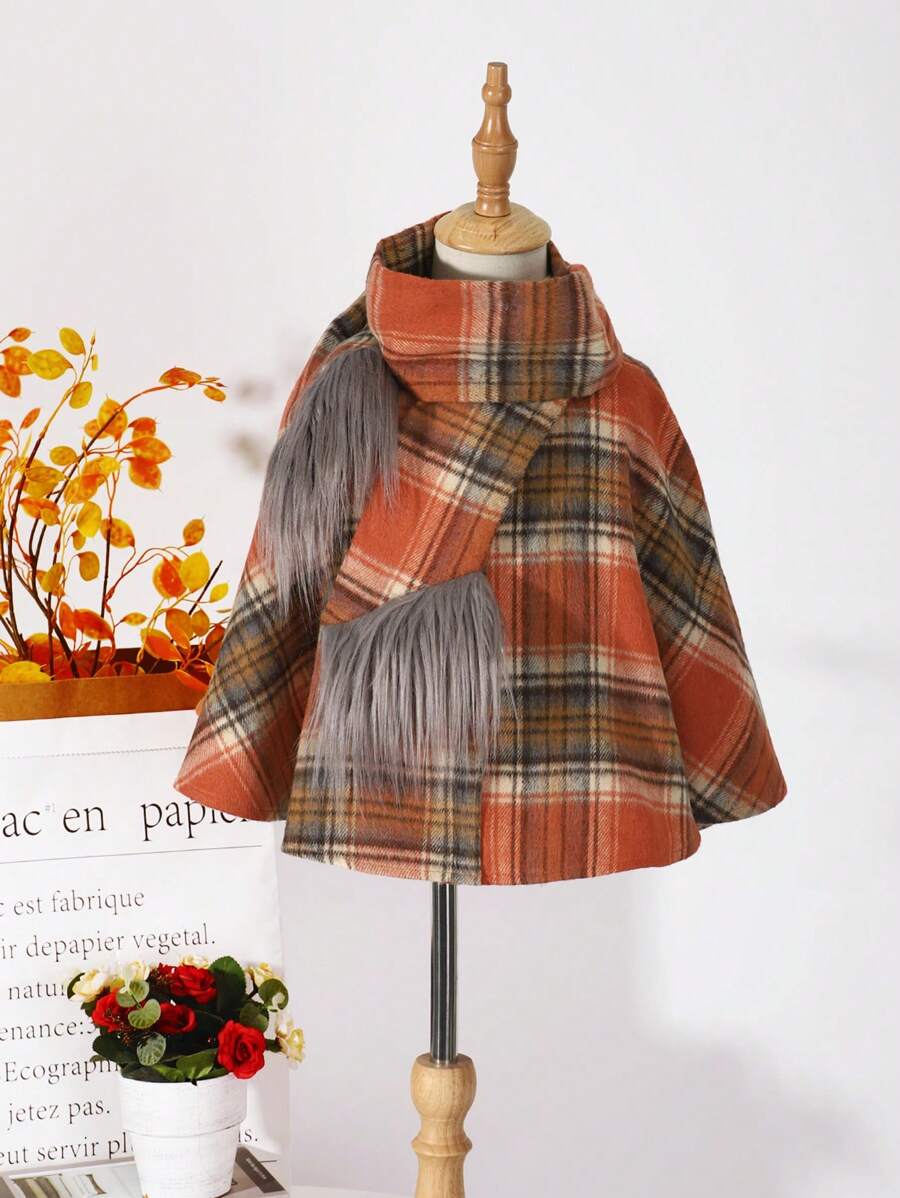 SHEIN 女小童格紋印花毛茸邊花呢外套&圍巾 - 彩色 - 查看 1