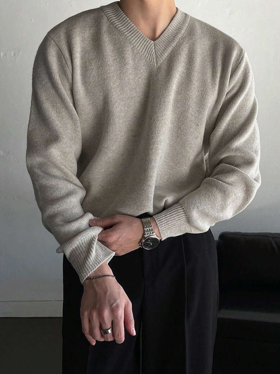 DAZY Men Solid V Neck Fall Sweater - Apricot - View 1