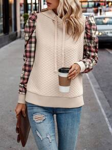 SHEIN Clasi Contrast Plaid Print Puff Sleeve Drawstring Hoodie - Apricot - View 1