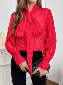 SHEIN Privé 繫帶領燈籠袖襯衫 - 紅色 - 查看 7