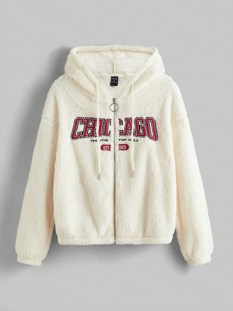 Bat Sada 字母刺繡落肩袖抽繩連帽毛絨夾克 - 白色 - 查看 1