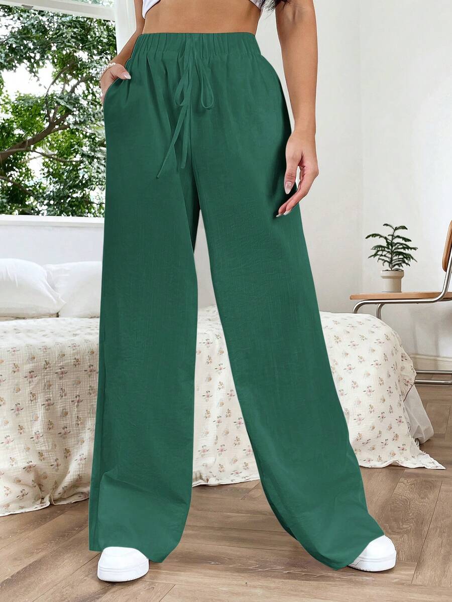 Muchica Solid Knot Waist Wide Leg Pants - Dark Green - View 1