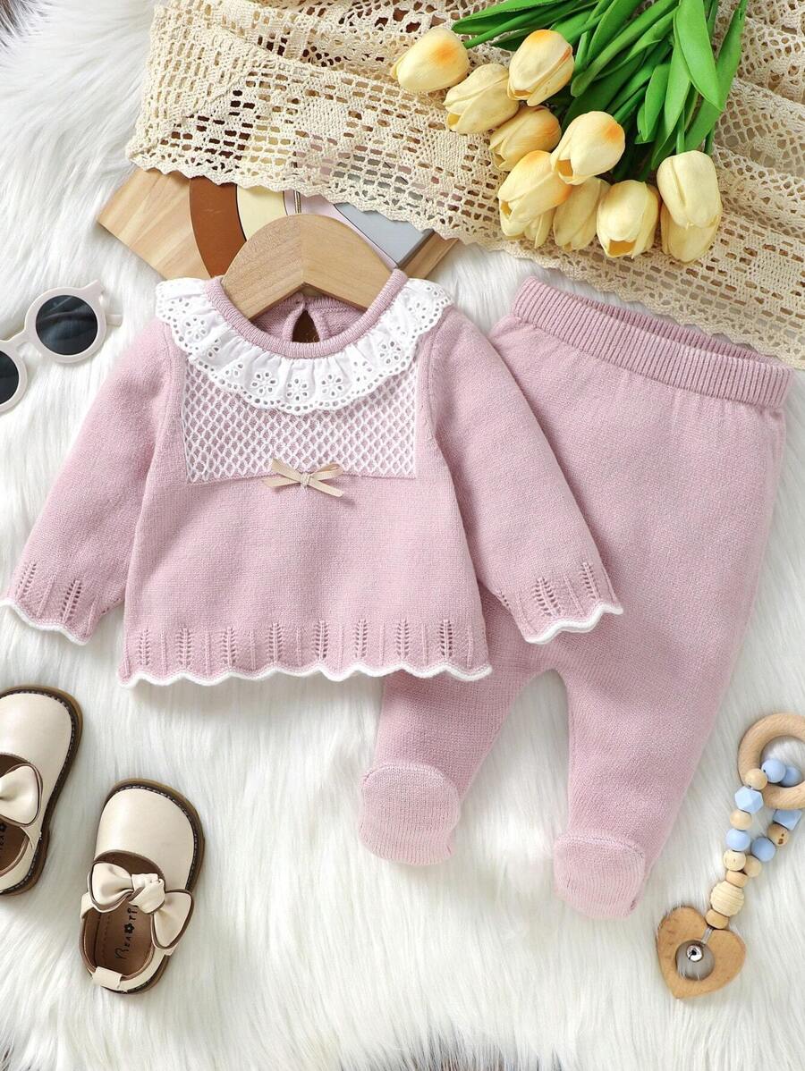 SHEIN 揉皺 蝴蝶結 扇型撞色嬰童（女）毛衣套裝 - 粉色 - 查看 1