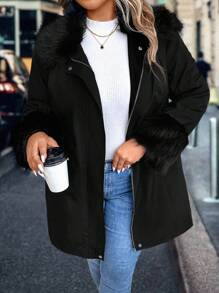 SHEIN LUNE Plus Fuzzy Trim Zipper Phía Trước Áo Khoác Parka Đệm Quần Áo Mùa Đông - màu đen - Xem 5