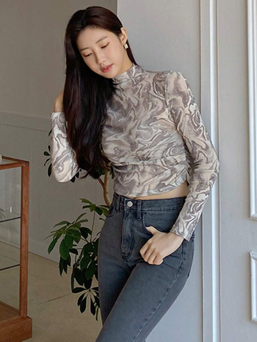 DAZY 大理石印花高領上衣 - 淺灰色 - 查看 1