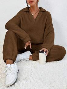 SHEIN Frenchy Chất rắn Thả vai Teddy Áo len & quần - màu nâu - Xem 3