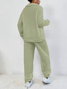 SHEIN Frenchy Drop Shoulder Teddy Sweatshirt & Pants - Green - View 2