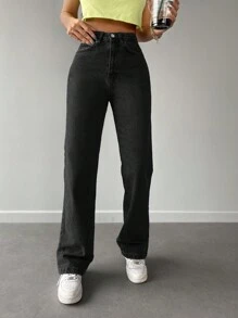 EURMUSE Casual Solid Straight Leg Jeans - Black - View 3