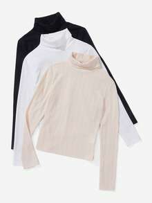 SHEIN LUNE 3入組素色高領條紋針織T恤 - 彩色 - 查看 3