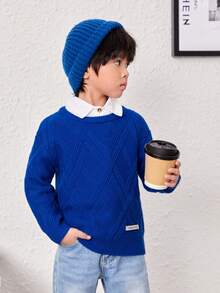 SHEIN Bé trai Lỏng lẻo Phù hợp Thả vai Vòng cổ Áo chui đầu Áo len - Màu xanh lam - Xem 5