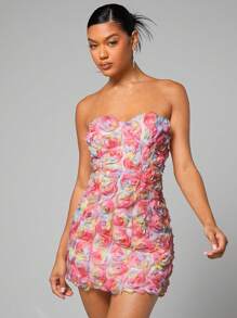 SHEIN BAE Floral Appliques Tube Bodycon Dress - Pink - View 1