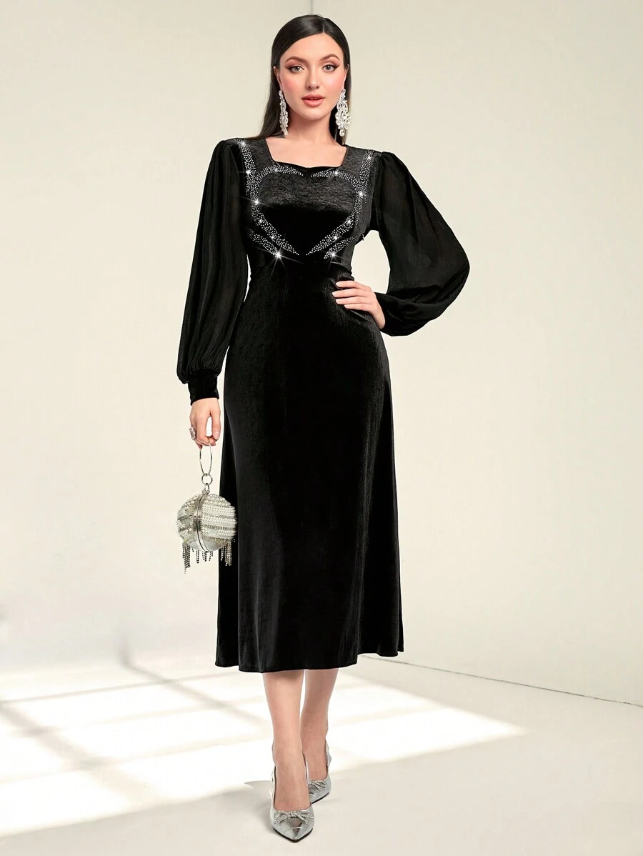Modelyn Contrast Sequin Lantern Sleeve Velvet Dress - Black - View 1