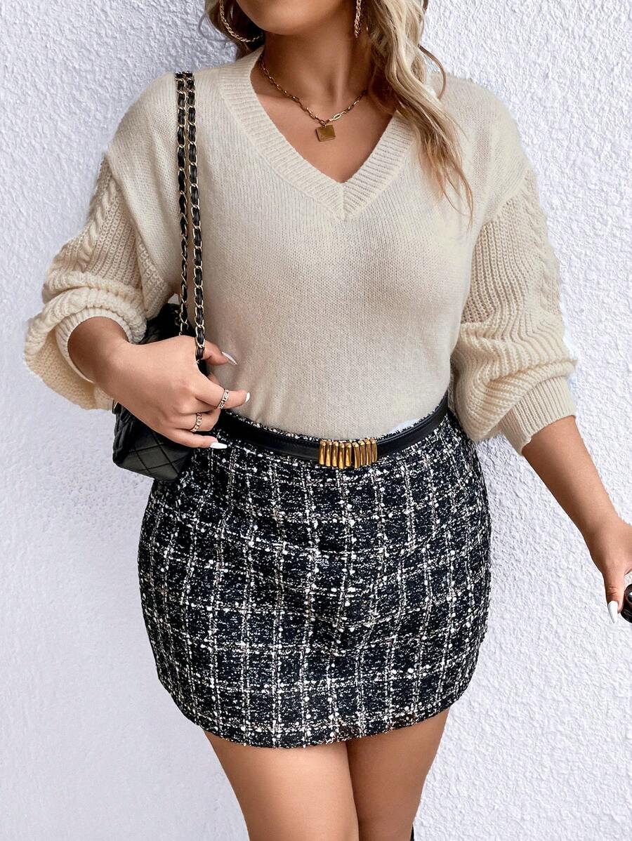 SHEIN Unity Plus V Neck Drop Shoulder Sweater Knit Pullover Fall Winter Sweater - White - View 1