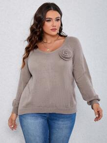 SHEIN LUNE 大碼素色插肩袖套頭毛衣 - 駝色 - 查看 1