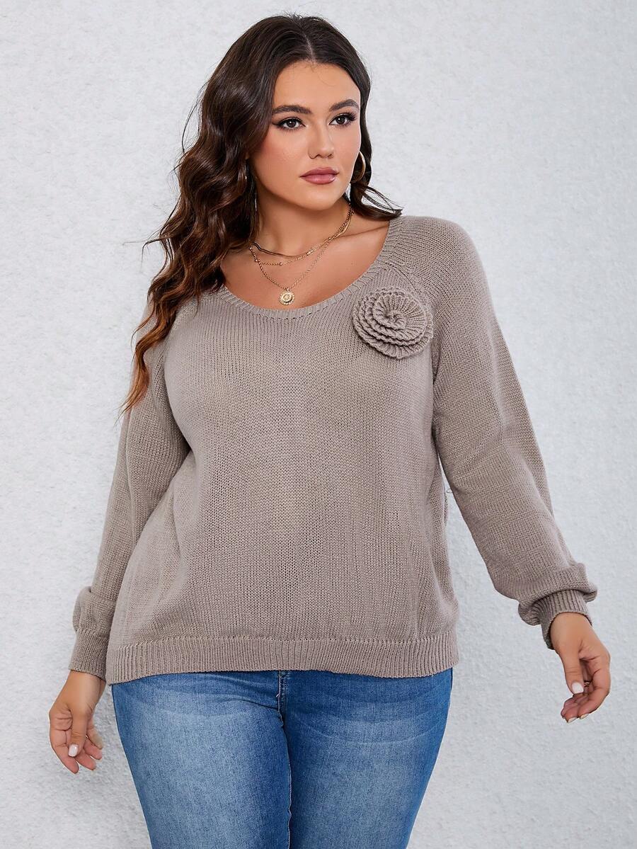 SHEIN LUNE 大碼素色插肩袖套頭毛衣 - 駝色 - 查看 1