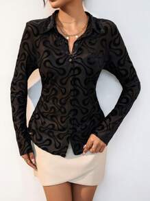 SHEIN Clasi Allover Print Button Up Shirt - Black - View 6