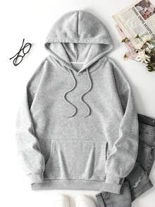 SHEIN EZwear 字母與蝴蝶印花袋鼠口袋抽繩加絨內裏連帽衫 - 淺灰色 - 查看 2