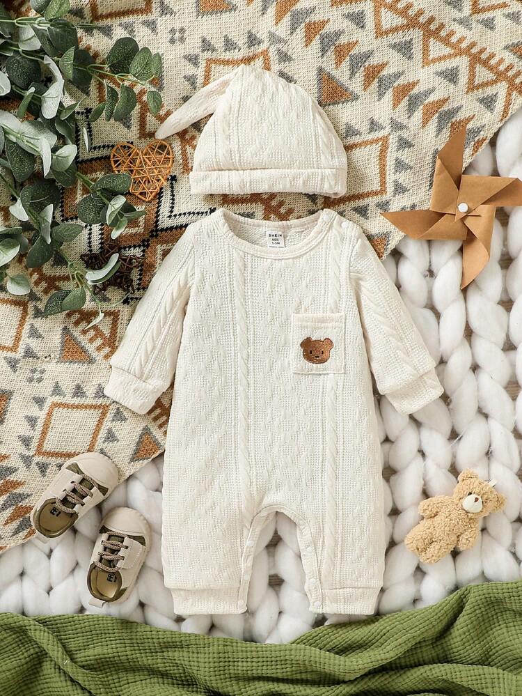 Baby Boy Bear Embroidery Pocket Front Jumpsuit & Hat
