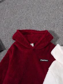 Tween Boy 2pcs Letter Patched Teddy Hoodie & 1pc Pants - Multicolor - View 4