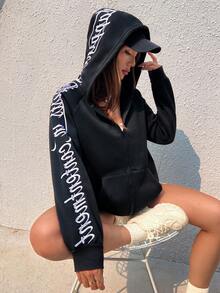 SHEIN Unity 字母刺繡插肩袖拉鏈連帽衫 - 黑色 - 查看 6
