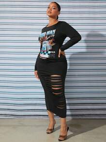 SHEIN SXY 大碼汽車和字母圖案破洞緊身洋裝 - 黑色 - 查看 5