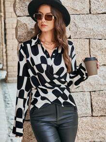 GENKIRA Allover Print Crossover Front Shirt - Black and White - View 7