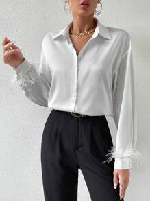 Chiquease Fuzzy Cuff Drop Shoulder Button Front Shirt Fall Cloth For Women - White - View 7