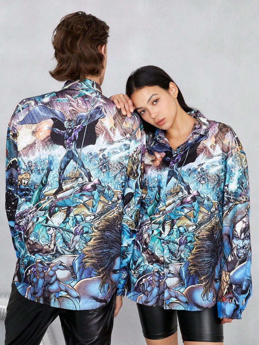 JUSTICE LEAGUE X SHEIN 1 pieza Camisa con estampado de dibujos animados - Multicolor - Ver 1