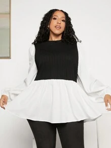 SHEIN CURVE+ 大尺碼荷包邊灯笼袖上衣 - 黑色 - 查看 1