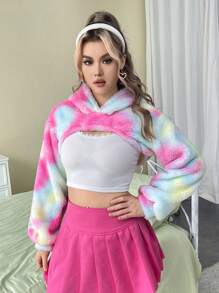 SHEIN EZwear 紮染超短版毛茸茸連帽衫不附帶背心 - 彩色 - 查看 3