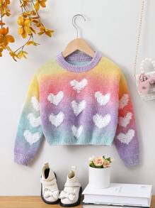 SHEIN 女小童愛心圖案漸層落肩袖套頭毛衣 - 彩色 - 查看 1