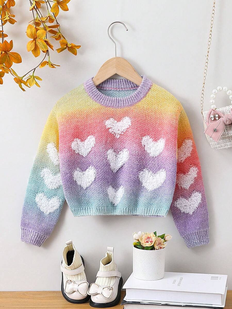SHEIN 女小童愛心圖案漸層落肩袖套頭毛衣 - 彩色 - 查看 1