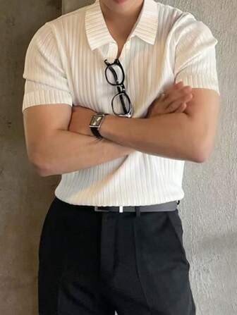 Manfinity Homme Camisa polo de punto acanalado con botones, de estilo casual de oficina, para hombre, estilo "old money"